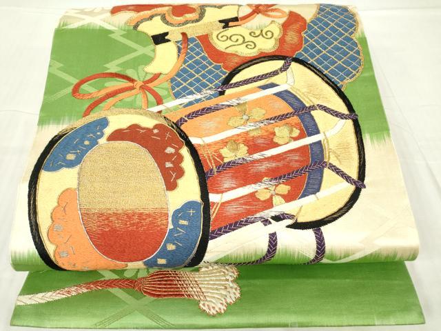 平和屋着物●アンティーク　大正ロマン　太鼓柄袋帯　駒刺繍　総刺繍　鼓花文　金糸　正絹　逸品　DABC3692az