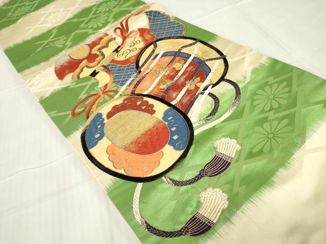 平和屋着物●アンティーク　大正ロマン　太鼓柄袋帯　駒刺繍　総刺繍　鼓花文　金糸　正絹　逸品　DABC3692az
