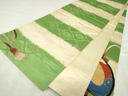平和屋着物●アンティーク　大正ロマン　太鼓柄袋帯　駒刺繍　総刺繍　鼓花文　金糸　正絹　逸品　DABC3692az