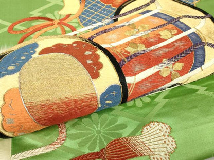 平和屋着物●アンティーク　大正ロマン　太鼓柄袋帯　駒刺繍　総刺繍　鼓花文　金糸　正絹　逸品　DABC3692az