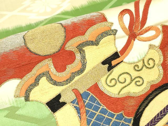 平和屋着物●アンティーク　大正ロマン　太鼓柄袋帯　駒刺繍　総刺繍　鼓花文　金糸　正絹　逸品　DABC3692az