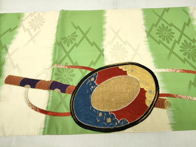 平和屋着物●アンティーク　大正ロマン　太鼓柄袋帯　駒刺繍　総刺繍　鼓花文　金糸　正絹　逸品　DABC3692az