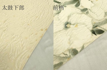 平和屋着物▼太鼓柄袋帯 作家物 纐纈 手描き 草花文 金彩 正絹 逸品 DABC3707az
