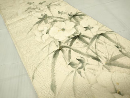 平和屋着物▼太鼓柄袋帯 作家物 纐纈 手描き 草花文 金彩 正絹 逸品 DABC3707az