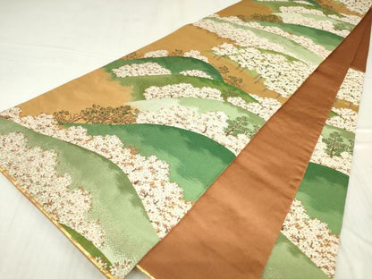 平和屋着物▼六通柄袋帯 吉野山桜花図 金糸 正絹 逸品 DABC3747az