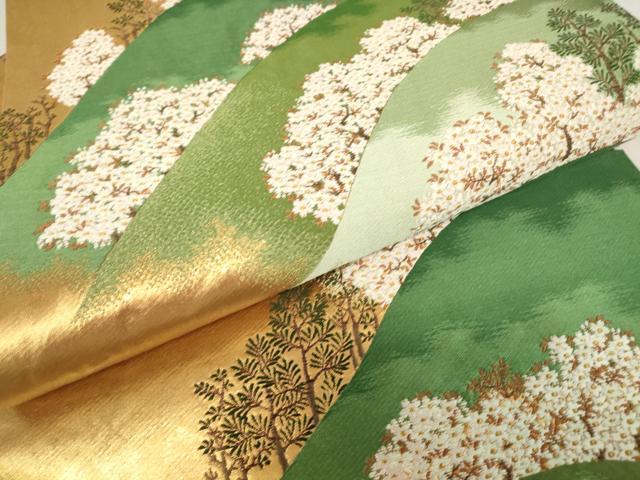 平和屋着物▼六通柄袋帯 吉野山桜花図 金糸 正絹 逸品 DABC3747az