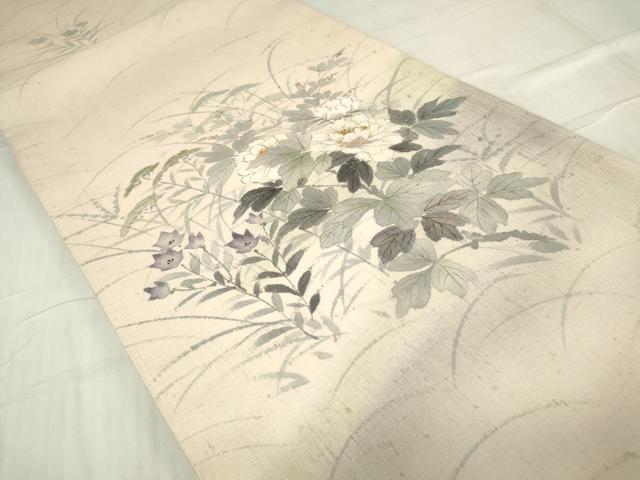 平和屋着物●太鼓柄袋帯　作家物　紬地　手描き　牡丹に桔梗　正絹　逸品DABC3748az