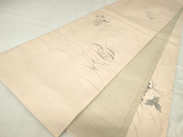平和屋着物●太鼓柄袋帯　作家物　紬地　手描き　牡丹に桔梗　正絹　逸品DABC3748az