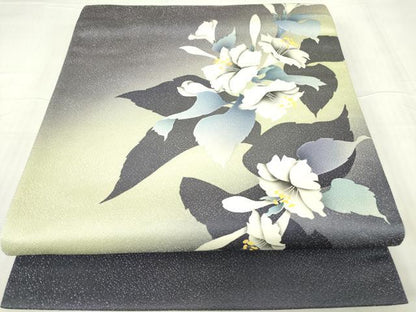 平和屋着物●京の匠日展作家　丹下雄介　太鼓柄袋帯　草花シルエット　銀通し地　やまと誂製　正絹　逸品　DABC3751az