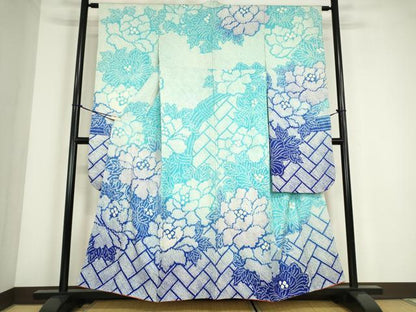 平和屋着物●豪華振袖　総絞り　桧垣牡丹文　正絹　逸品　DABC3758az