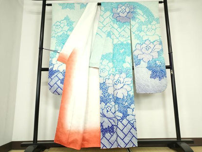 平和屋着物●豪華振袖　総絞り　桧垣牡丹文　正絹　逸品　DABC3758az