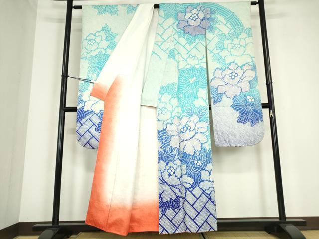 平和屋着物●豪華振袖　総絞り　桧垣牡丹文　正絹　逸品　DABC3758az