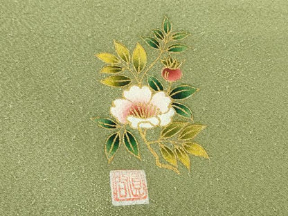 平和屋着物●上質な色無地　作家物　菊地紋　柳色　正絹　逸品　DABC3761az