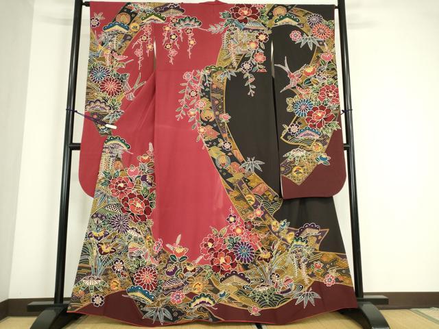 平和屋着物●豪華振袖　型染　鴛鴦花文　京都きもの友禅扱い　正絹　逸品　DABC3771az
