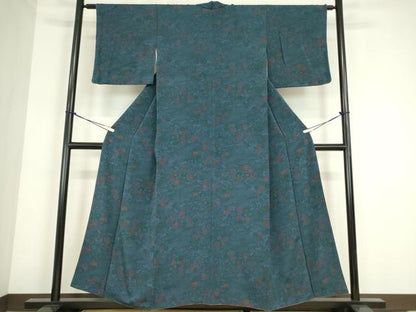 平和屋着物●上質な小紋　型染　茶屋辻風景花文　鬼しぼ縮緬　正絹　逸品　DABC3774az