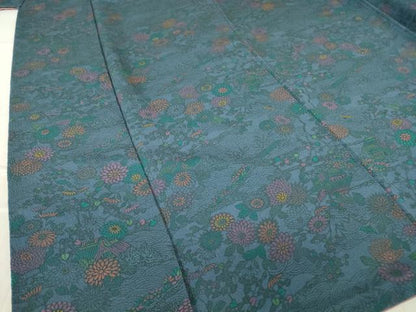 平和屋着物●上質な小紋　型染　茶屋辻風景花文　鬼しぼ縮緬　正絹　逸品　DABC3774az