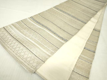 平和屋着物▼六通柄袋帯　横段文　銀糸　正絹　逸品　DABC3816az