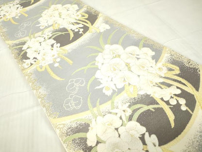 平和屋着物●丸帯　正倉院花文　胡蝶蘭　金糸　正絹　逸品　DABC3821az