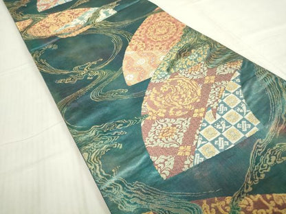 平和屋着物▼六通柄袋帯 名物裂 流水地紙花文 金糸 引箔 正絹 逸品 DABC3863az