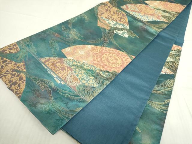 平和屋着物▼六通柄袋帯 名物裂 流水地紙花文 金糸 引箔 正絹 逸品 DABC3863az