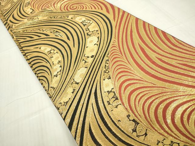 平和屋着物▼全通柄袋帯 流水花文 金糸 正絹 逸品 DABC3872az