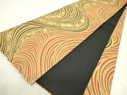 平和屋着物▼全通柄袋帯 流水花文 金糸 正絹 逸品 DABC3872az