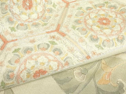 平和屋着物▼綴れ　九寸名古屋帯　駒刺繍　総刺繍　正倉院花文　銀糸　正絹　逸品　DABC3888az