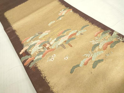 平和屋着物▼総刺繍　太鼓柄袋帯　花松文　金糸　引箔　正絹　逸品　DABC3893az