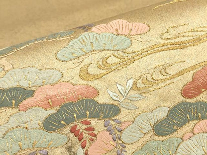平和屋着物▼総刺繍　太鼓柄袋帯　花松文　金糸　引箔　正絹　逸品　DABC3893az