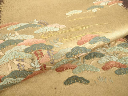 平和屋着物▼総刺繍　太鼓柄袋帯　花松文　金糸　引箔　正絹　逸品　DABC3893az