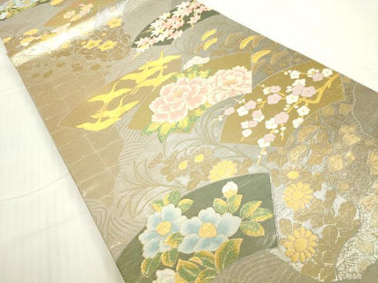 平和屋着物▼六通柄袋帯　地紙飛鶴花文　金糸　正絹　逸品　DABC3900az