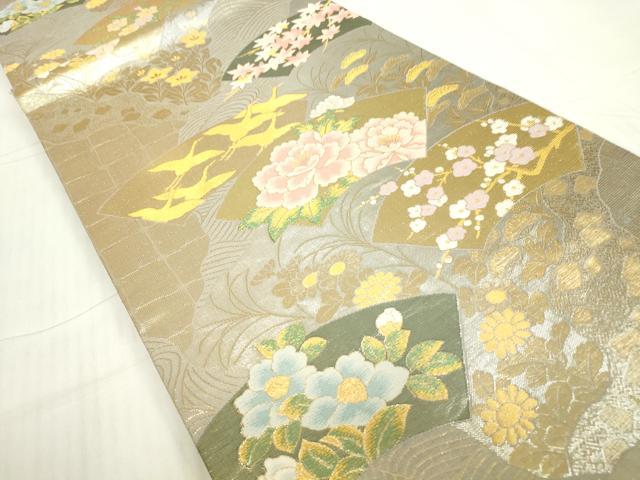 平和屋着物▼六通柄袋帯　地紙飛鶴花文　金糸　正絹　逸品　DABC3900az