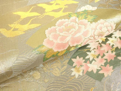 平和屋着物▼六通柄袋帯　地紙飛鶴花文　金糸　正絹　逸品　DABC3900az