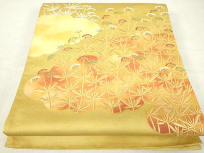 平和屋着物▼総刺繍　太鼓柄袋帯　雲取り草花文　金糸　正絹　逸品　DABC3921az