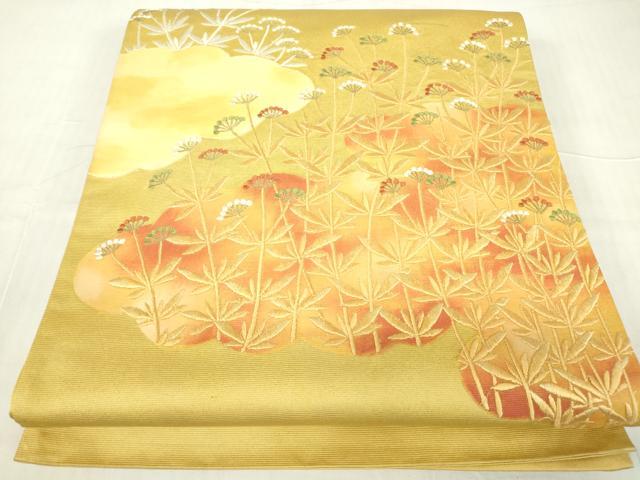 平和屋着物▼総刺繍　太鼓柄袋帯　雲取り草花文　金糸　正絹　逸品　DABC3921az