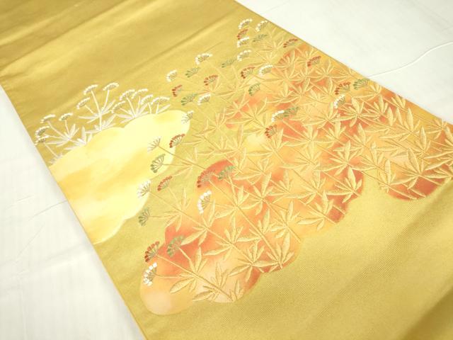 平和屋着物▼総刺繍　太鼓柄袋帯　雲取り草花文　金糸　正絹　逸品　DABC3921az
