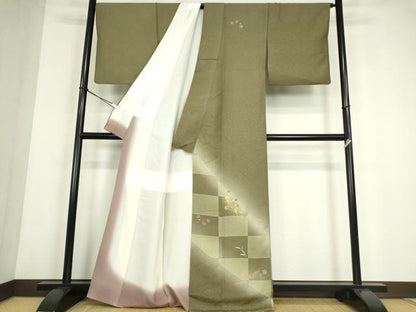 平和屋着物●訪問着　刺繍　市松に簪　暈し染め　金彩　正絹　逸品　DABC3949az