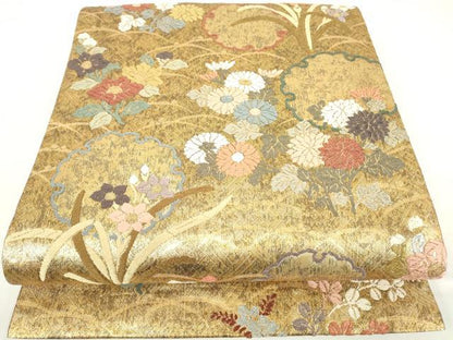 平和屋着物▼六通柄袋帯 唐織 雪輪花文 金糸 正絹 逸品 DABC3965az