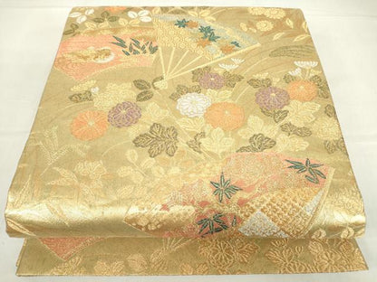 平和屋着物▼六通柄袋帯　扇面花文　金銀糸　正絹　逸品　DABC3973az