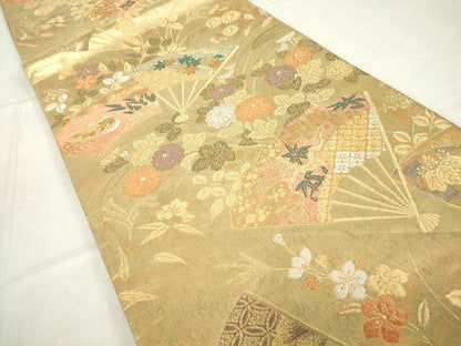 平和屋着物▼六通柄袋帯　扇面花文　金銀糸　正絹　逸品　DABC3973az