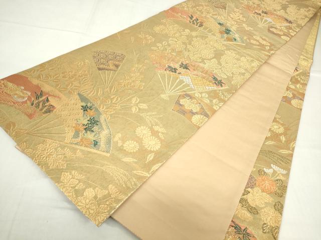 平和屋着物▼六通柄袋帯　扇面花文　金銀糸　正絹　逸品　DABC3973az
