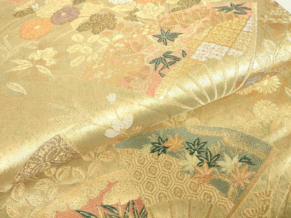 平和屋着物▼六通柄袋帯　扇面花文　金銀糸　正絹　逸品　DABC3973az