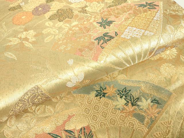 平和屋着物▼六通柄袋帯　扇面花文　金銀糸　正絹　逸品　DABC3973az