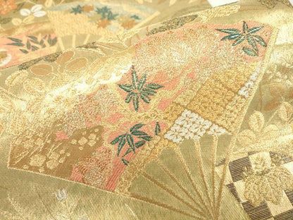 平和屋着物▼六通柄袋帯　扇面花文　金銀糸　正絹　逸品　DABC3973az