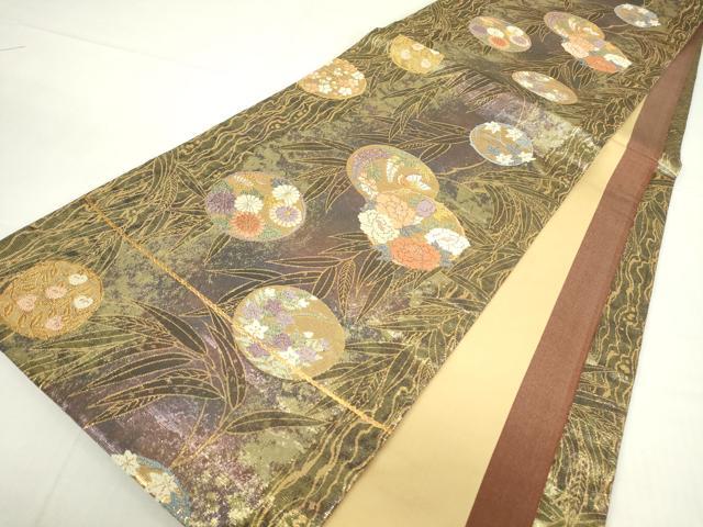 平和屋着物▼両面 六通柄袋帯 花蝶丸文 金糸 正絹 逸品 DABC3979az