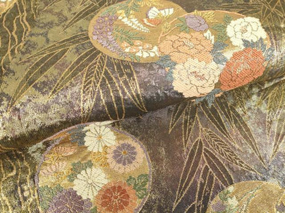 平和屋着物▼両面 六通柄袋帯 花蝶丸文 金糸 正絹 逸品 DABC3979az