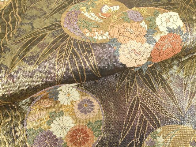 平和屋着物▼両面 六通柄袋帯 花蝶丸文 金糸 正絹 逸品 DABC3979az