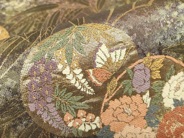 平和屋着物▼両面 六通柄袋帯 花蝶丸文 金糸 正絹 逸品 DABC3979az