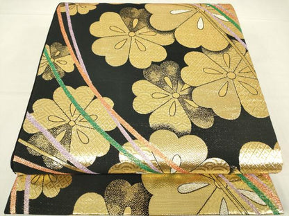 平和屋着物▼六通柄袋帯 舞花文 黒地 金銀糸 正絹 逸品 DABC3992az