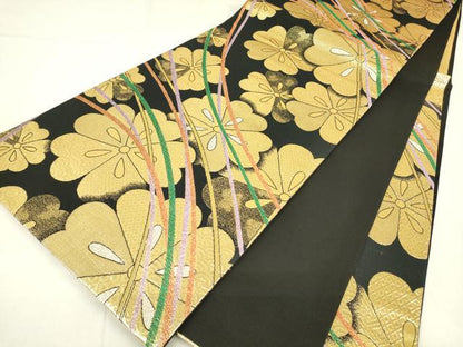 平和屋着物▼六通柄袋帯 舞花文 黒地 金銀糸 正絹 逸品 DABC3992az